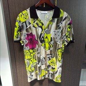 Versace Collection Polo Shirt in Yellow and Pink Abstract Design NEW